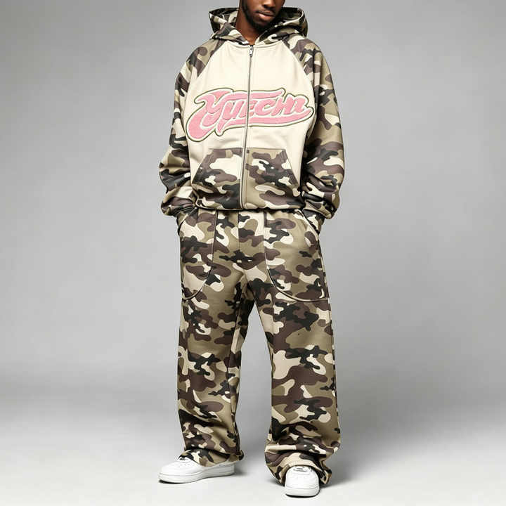 Men Full Zip up Hooded Tracksuit DTG Full Camo Print Raglan Sleeve Chenille Embroidery Screen Print Oversized Street 2 Piece Set