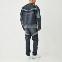 Custom Men's Boxy Cropped Denim Moto Biker Jacket & Straight Denim Pant Set Applique Embroidery Racing Streetwear Two Piece Set