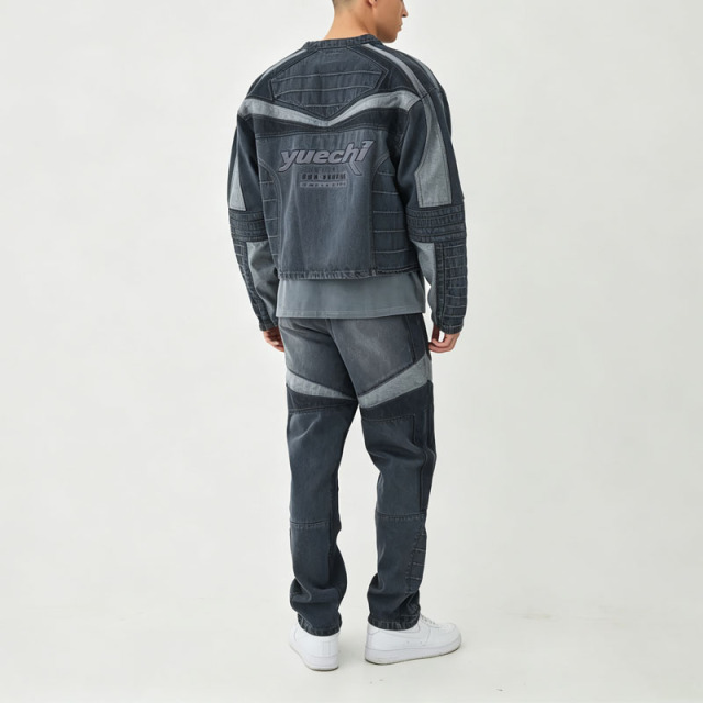 Custom Men's Boxy Cropped Denim Moto Biker Jacket & Straight Denim Pant Set Applique Embroidery Racing Streetwear Two Piece Set