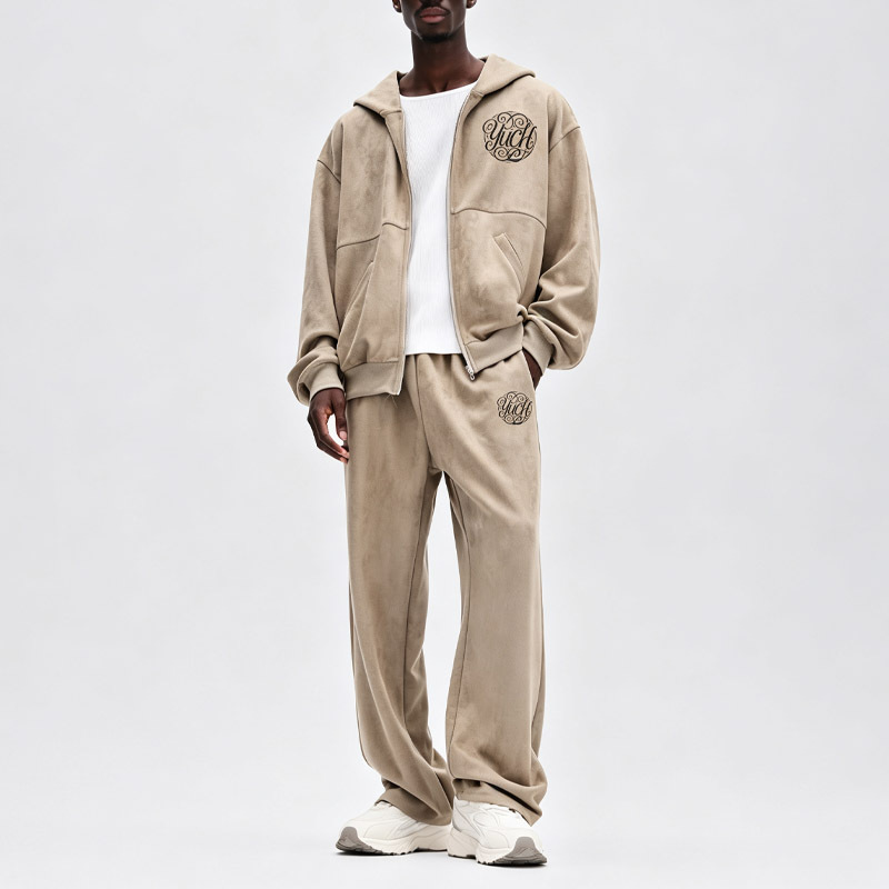 Men Taupe Faux Suede Full Zip Hoodie Tracksuit Oversized Dropped Shoulder Wide Leg Sweatpants Embroidery Two Piece Set