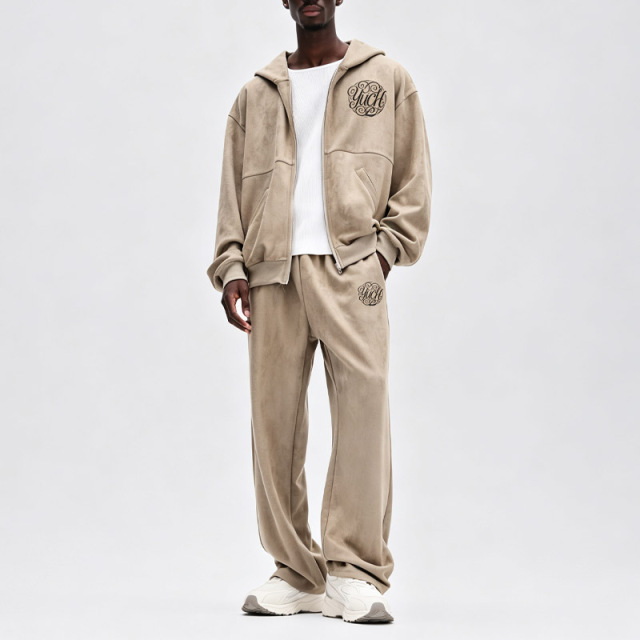 Men Taupe Faux Suede Full Zip Hoodie Tracksuit Oversized Dropped Shoulder Wide Leg Sweatpants Embroidery Two Piece Set