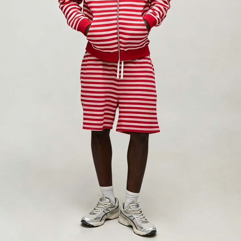 Custom Made Winter Full Zip Hooded Drawstring 2 Pieces Boxy Fit Brown Red Urban Men's Stripe Streetwear Cotton Tracksuit