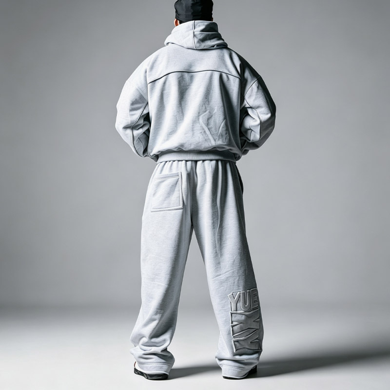 Men Oversized Heather Grey Hoodie Wide Leg Sweatpants Set Heavyweight 100% Cotton Jersey Applique Emboss Street Tracksuit