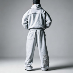 Men Oversized Heather Grey Hoodie Wide Leg Sweatpants Set Heavyweight 100% Cotton Jersey Applique Emboss Street Tracksuit