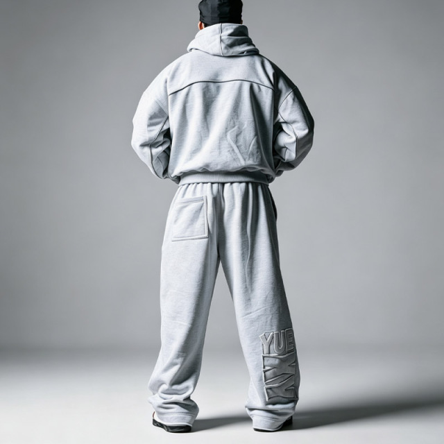 Men Oversized Heather Grey Hoodie Wide Leg Sweatpants Set Heavyweight 100% Cotton Jersey Applique Emboss Street Tracksuit