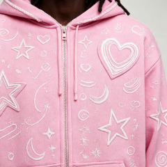 Custom Pink Applique Embroidery 2 Pieces Boxy Full Zip Wide Leg Cotton Winter Hooded Streetwear Men's Fleece Tracksuit Set