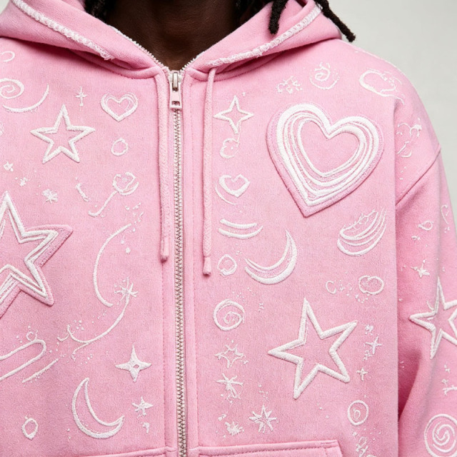 Custom Pink Applique Embroidery 2 Pieces Boxy Full Zip Wide Leg Cotton Winter Hooded Streetwear Men's Fleece Tracksuit Set