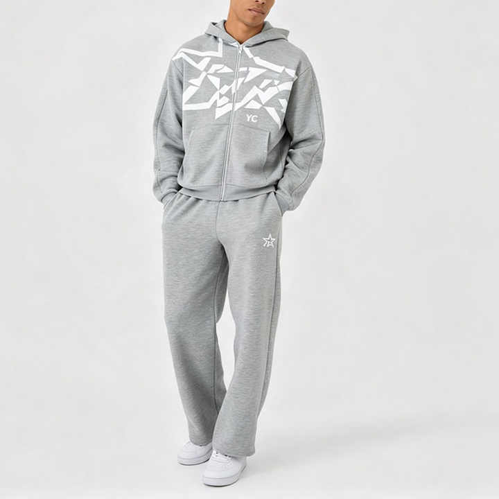 Custom Screen Printing 2 Pieces Full Zip Boxy Fit Wide Leg Heather Grey French Terry Cotton Apparel Men's Heavyweight Tracksuit