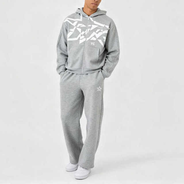 Custom Screen Printing 2 Pieces Full Zip Boxy Fit Wide Leg Heather Grey French Terry Cotton Apparel Men's Heavyweight Tracksuit