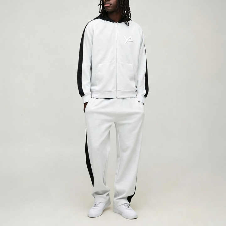 Custom Men's Color Block Panel Zip up Hoodie Relaxed Straight Jogger Tracksuit Oversized Streetwear Interlock Two Piece Set