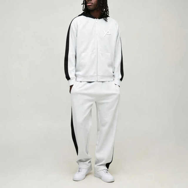 Custom Men's Color Block Panel Zip up Hoodie Relaxed Straight Jogger Tracksuit Oversized Streetwear Interlock Two Piece Set