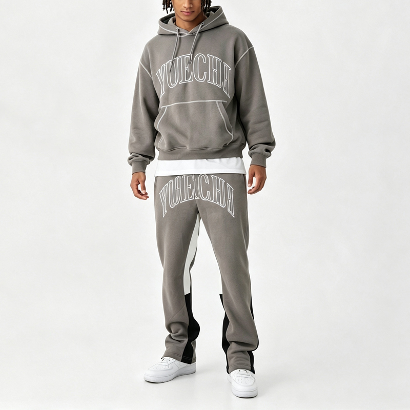 Custom Grey Heavyweight Vintage Winter Streetwear Tracksuit 2 Outlined Embroidery Contrast Stitching Boxy Fit 100% Cotton Men's