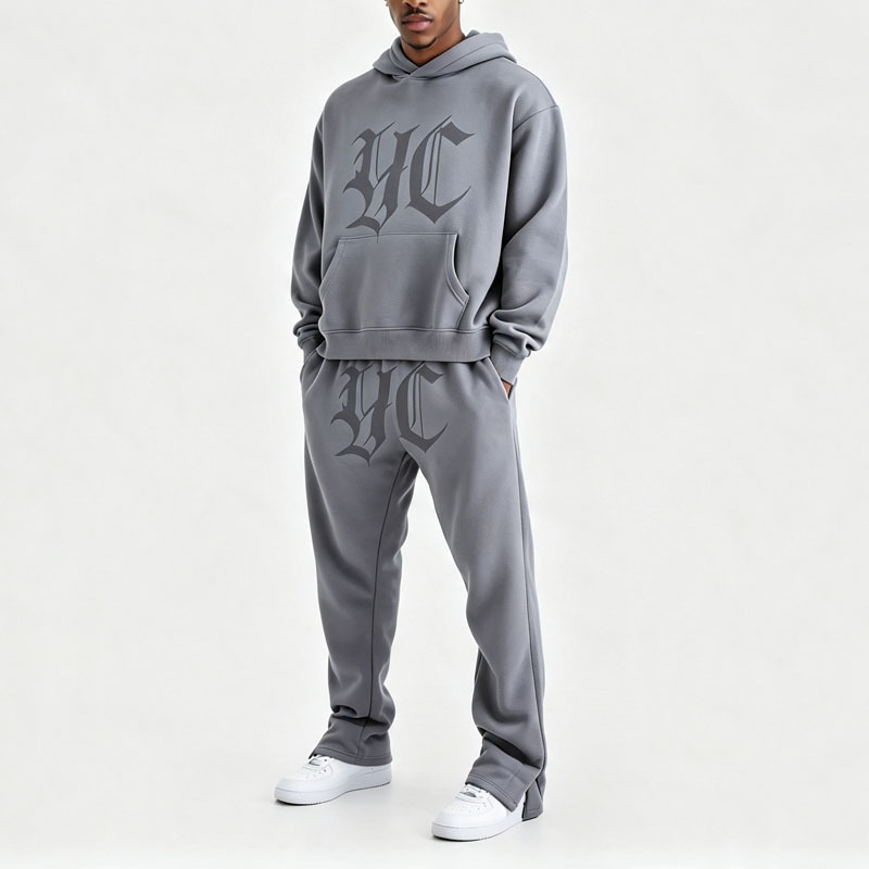 Custom DTG Printing Fleece 2 Pieces Boxy Fit Baggy Split Hem Heather Grey Cotton Apparel Men's Sportswear Tracksuit