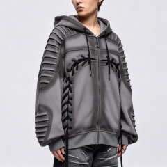 Men's Charcoal Fleece Lined Full Zip Tactical Hoodie Tracksuit Lace up Eyelet Multi Layer Ribbed Sleeve Wide Leg Streetwear Set
