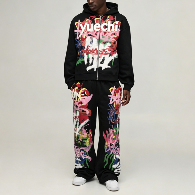 Custom Puff Printing 100% Cotton Fleece Winter Street Art Full Zip Boxy Fit Baggy 2 Pieces Black Men's Graffiti Tracksuit Set