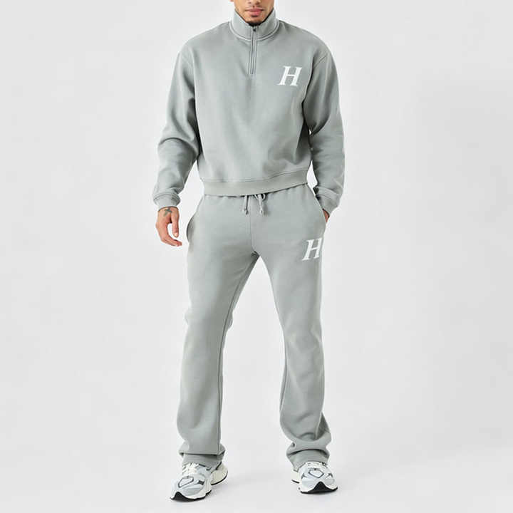 Custom Mens Winter Boxy Quarter Zip Funnel Neck Embroidered Flared Jogger Tracksuit Fleece Back Screen Printing Black Streetwear
