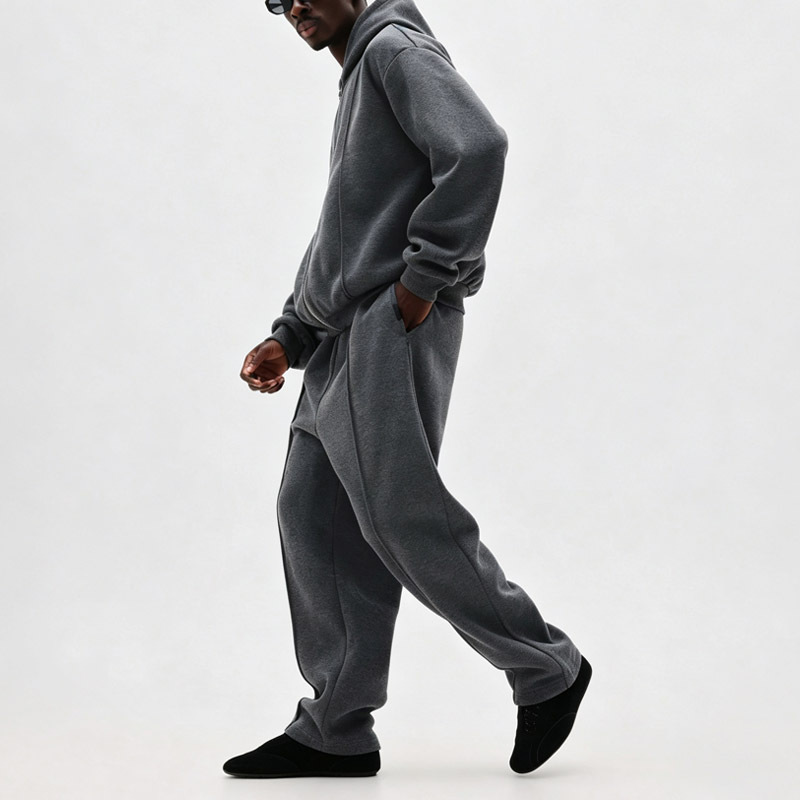 Custom Men Charcoal Cropped Full Zip Hoodie Tracksuit Heavyweight Fleece Vertical Seam Wide Leg Sweatpants Streetwear