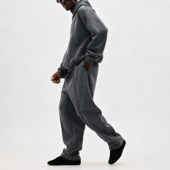 Custom Men Charcoal Cropped Full Zip Hoodie Tracksuit Heavyweight Fleece Vertical Seam Wide Leg Sweatpants Streetwear