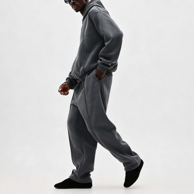 Custom Men Charcoal Cropped Full Zip Hoodie Tracksuit Heavyweight Fleece Vertical Seam Wide Leg Sweatpants Streetwear