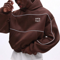 Custom Men Brown Cropped Boxy Fit Hoodie Tracksuit White Piping Screen Print Heavyweight Fleece Streetwear Two Piece Set
