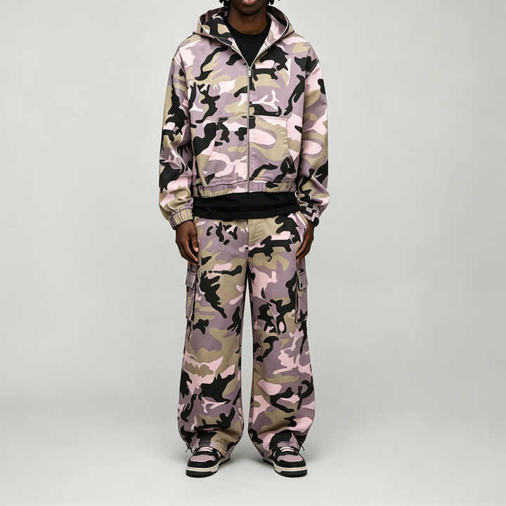 Custom Camo Twill 100% Cotton Full Zip 2 Pieces Hooded Boxy Fit Cropped Wide Leg Pink Purple Men's Lightweight Tracksuit Set