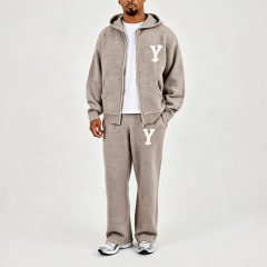Men Oversized Full Zip Knit Hoodie Straight Leg Knit Sweatpants 2 Piece Set Jacquard Recycled Polyester Streetwear Tracksuit