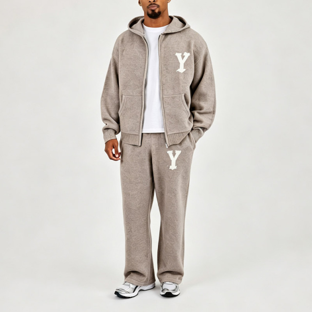 Men Oversized Full Zip Knit Hoodie Straight Leg Knit Sweatpants 2 Piece Set Jacquard Recycled Polyester Streetwear Tracksuit