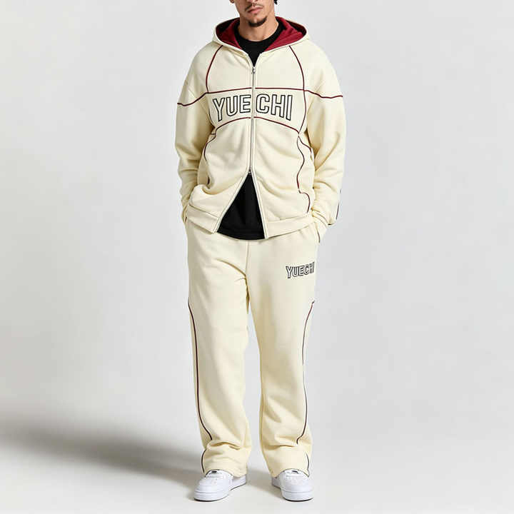 Men's Oversized Full Zip Hoodie Tracksuit Heavyweight 100% Cotton French Terry Embroidered Contrast Piping Wide Leg Sweatpants