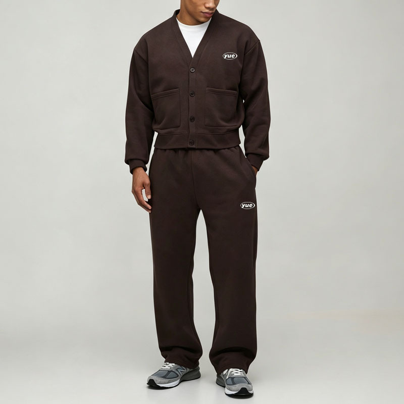 Custom Button Cardigan V-Neck Winter Streetwear 2-Piece Boxy Fit Wide Leg Cotton Fleece Grey Brown Men's Sportswear Tracksuit