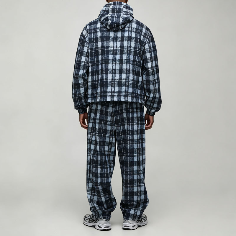 Custom Regular Fit Nylon Check 2 Pieces Zip up Hooded Cotton Polyester Plaid Blue Black Streetwear Men's Flannel Tracksuit Set