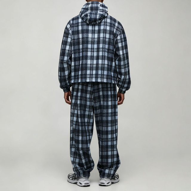 Custom Regular Fit Nylon Check 2 Pieces Zip up Hooded Cotton Polyester Plaid Blue Black Streetwear Men's Flannel Tracksuit Set
