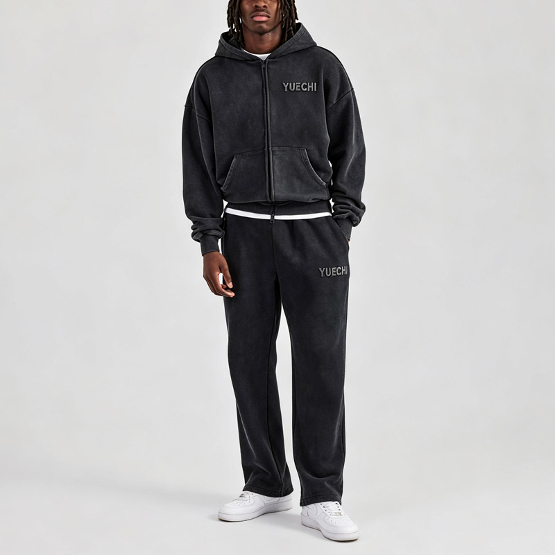 Custom Men's Vintage Washed Full Zip Hoodie Tracksuit 2 Piece Set Heavyweight 100% Cotton Chenille Embroidery Logo Straight Leg