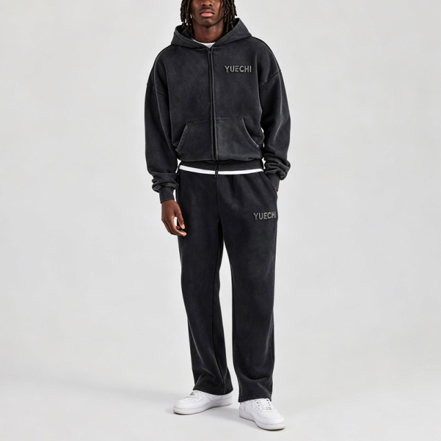 Custom Men's Vintage Washed Full Zip Hoodie Tracksuit 2 Piece Set Heavyweight 100% Cotton Chenille Embroidery Logo Straight Leg