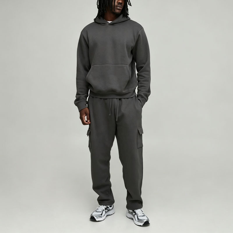 Custom Men's Tall Boxy Hooded Cargo 100% Cotton Solid Tracksuit Oversized Relaxed Silhouette Blank Streetwear Two Piece Set