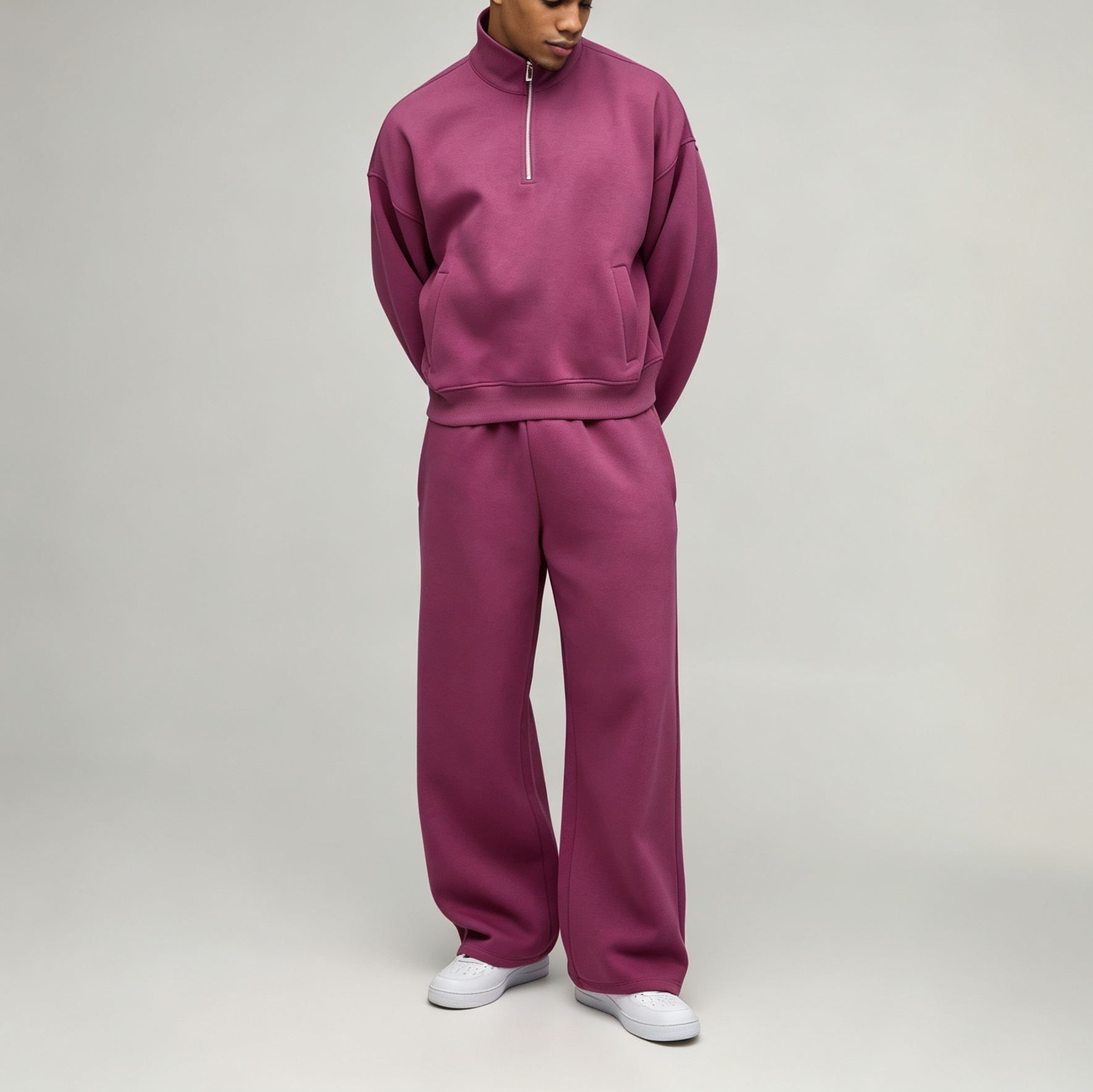 Custom Winter Quarter Zip Mock Neck Pullover Wide Leg Pants 2 Pieces Relaxed Fit Polyester/Cotton Blend Men's Streetwear Casual