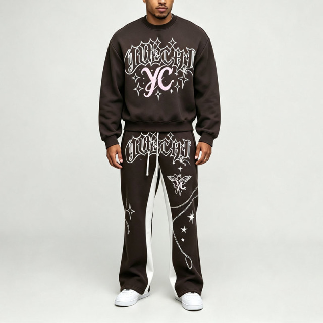 Custom Screen Print Round Neck Sweatshirt Activewear Silhouette Baggy Regular Patterned Jogger Men's Graphic Tracksuit