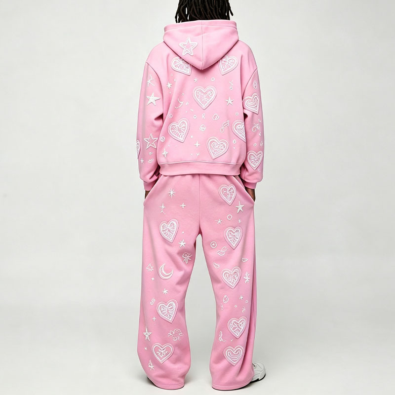 Custom Pink Applique Embroidery 2 Pieces Boxy Full Zip Wide Leg Cotton Winter Hooded Streetwear Men's Fleece Tracksuit Set