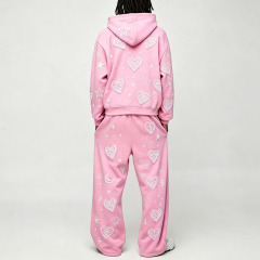 Custom Pink Applique Embroidery 2 Pieces Boxy Full Zip Wide Leg Cotton Winter Hooded Streetwear Men's Fleece Tracksuit Set