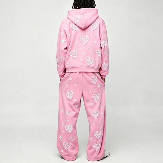 Custom Pink Applique Embroidery 2 Pieces Boxy Full Zip Wide Leg Cotton Winter Hooded Streetwear Men's Fleece Tracksuit Set