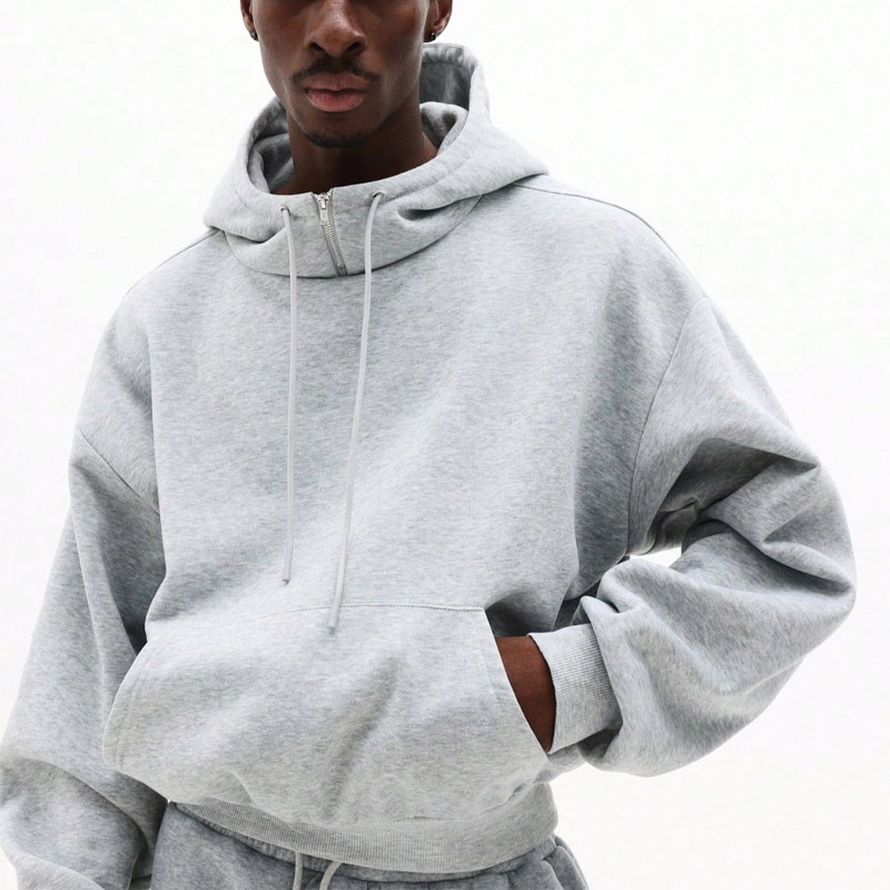 Custom Men Heather Grey Heavyweight Plain Regular Hooded Pullover Fleece Hoodie With Drawstring Casual Streetwear Two Piece Set