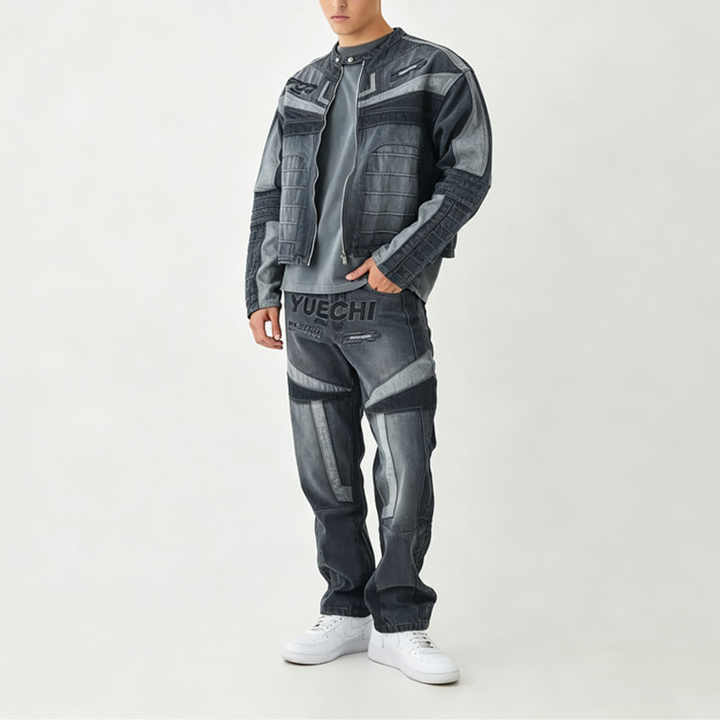 Custom Men's Boxy Cropped Denim Moto Biker Jacket & Straight Denim Pant Set Applique Embroidery Racing Streetwear Two Piece Set