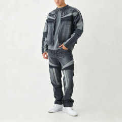 Custom Men's Boxy Cropped Denim Moto Biker Jacket & Straight Denim Pant Set Applique Embroidery Racing Streetwear Two Piece Set