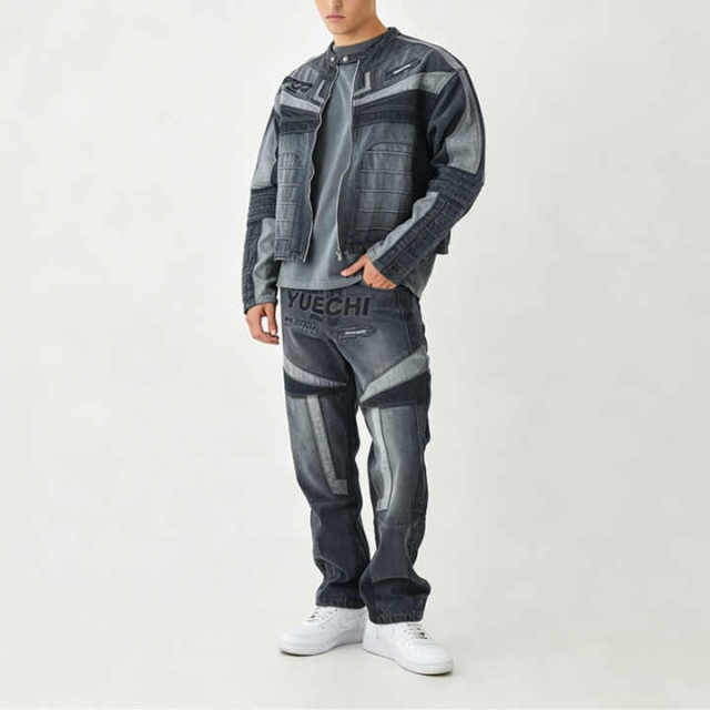Custom Men's Boxy Cropped Denim Moto Biker Jacket & Straight Denim Pant Set Applique Embroidery Racing Streetwear Two Piece Set