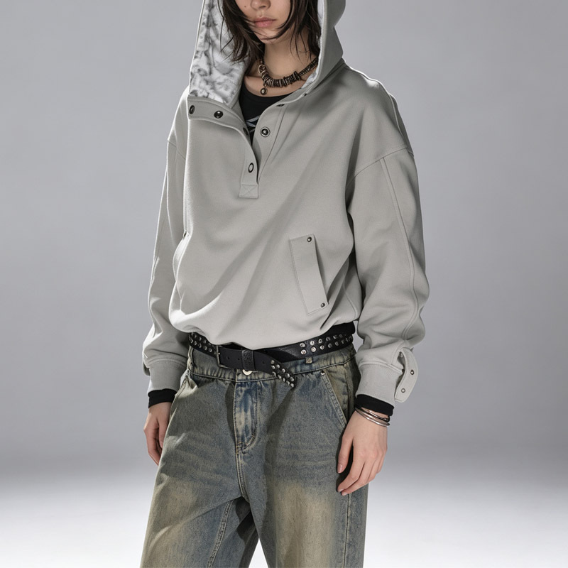 Custom Men's Henley Half Snap Hoodie Tracksuit Inner Hood Studded Heavy Fleece Wide Leg Pants Streetwear