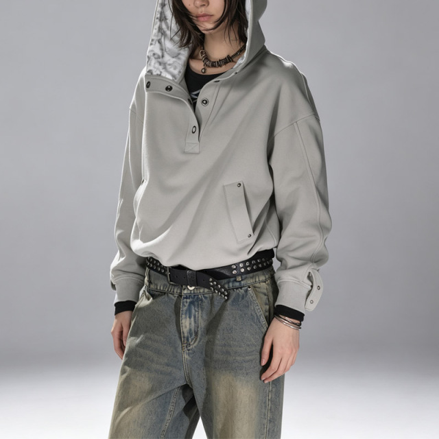 Custom Men's Henley Half Snap Hoodie Tracksuit Inner Hood Studded Heavy Fleece Wide Leg Pants Streetwear