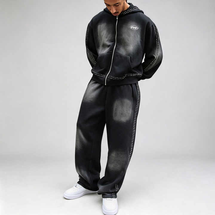 Custom Sun Faded Studded Rivet Boxy Fit 2 Pieces Full Zip up Baggy Wide Leg Urban Streetwear Men's 100% Cotton Tracksuit