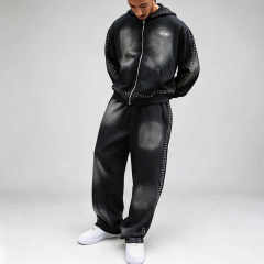 Custom Sun Faded Studded Rivet Boxy Fit 2 Pieces Full Zip up Baggy Wide Leg Urban Streetwear Men's 100% Cotton Tracksuit