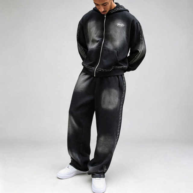 Custom Sun Faded Studded Rivet Boxy Fit 2 Pieces Full Zip up Baggy Wide Leg Urban Streetwear Men's 100% Cotton Tracksuit