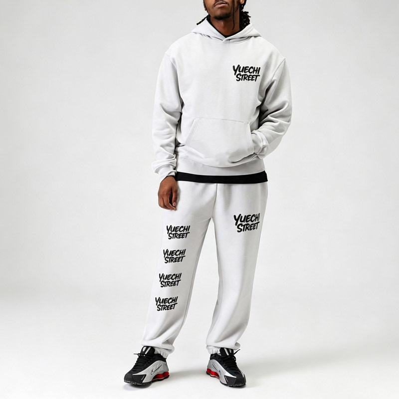Custom Puff Printing Men's Relaxed Fit Full Zip Hoodie Tracksuit 100% Cotton French Terry Cuffed Jogger Two Piece Set