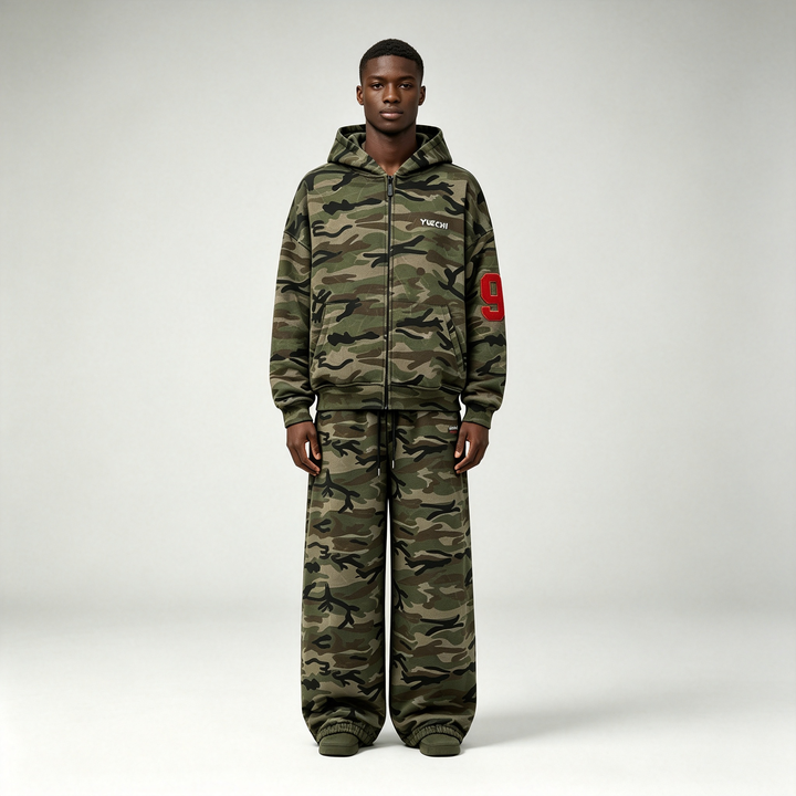 Custom Camouflage Silk Screen Printing Applique Embroidery Heavyweight Fleece Full Zip 2 Pieces Boxy Men's 100% Cotton Winter